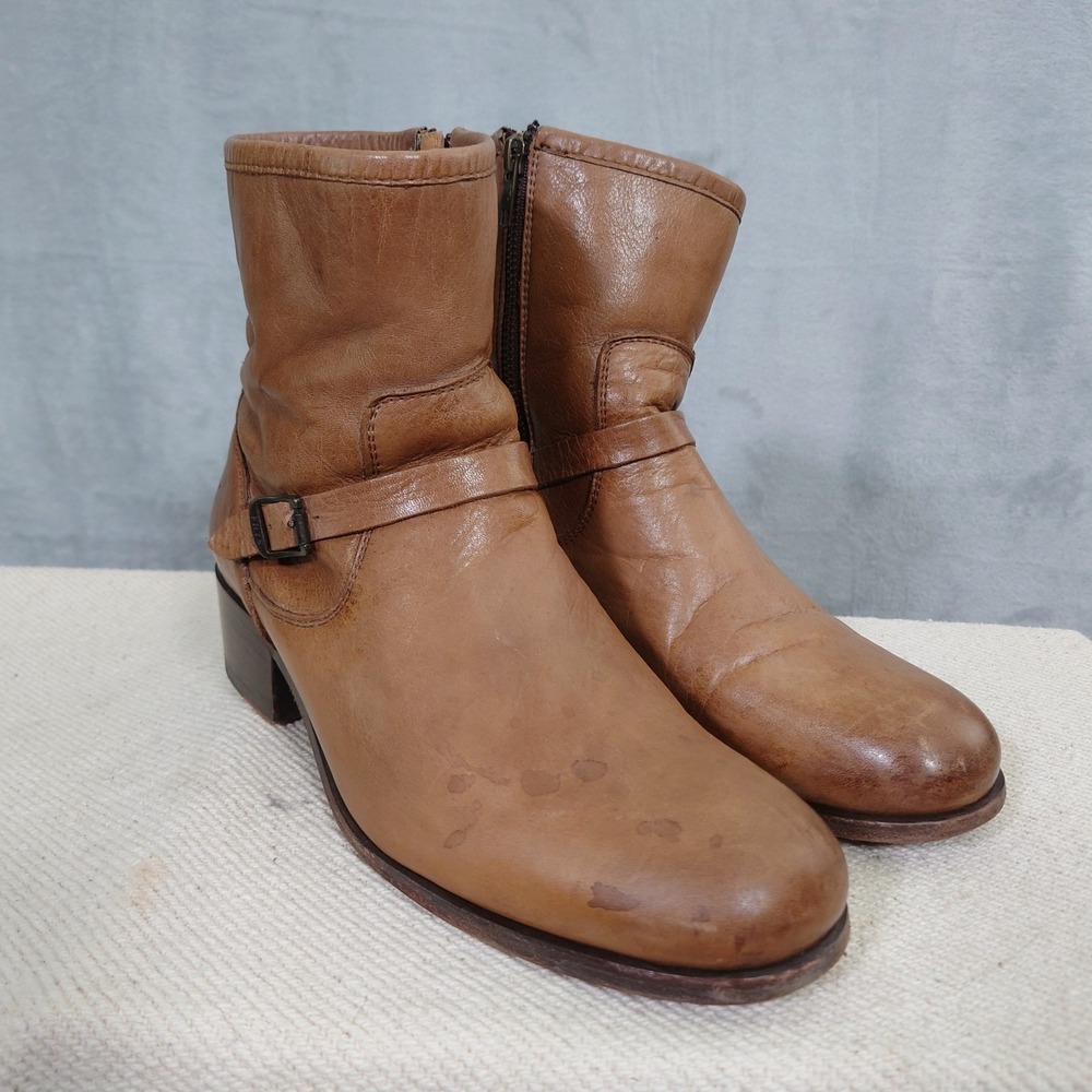 Frye Lynn Boots Womens 10 B Strap Short Ankle Tan Leather Zipper Y2K Rocker